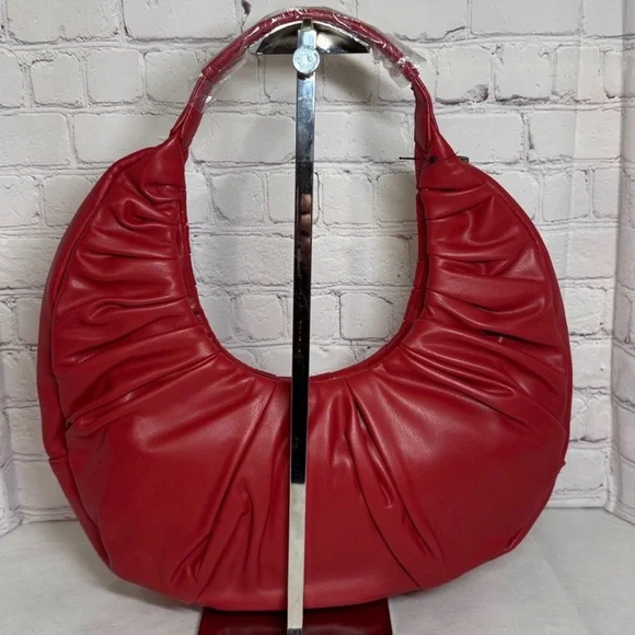 Badgley Mischka Red Vegan Leather Crescent Pleats Shoulder Bag - Picture 8 of 8